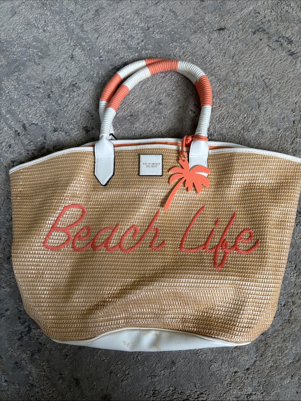 Victoria's Secret Natural & Coral Straw Tote with Beach Life Script